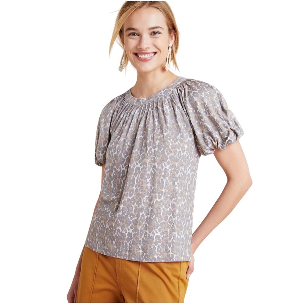 Anthropologie Maeve Linen Leopard Print Puff Sleeve Blouse Top Medium
